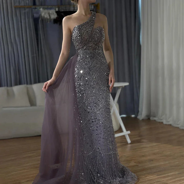 Luxury Dubai  Purple One Shoulder Saudi Arabic Evening Gown with Beaded Side Overskirt Dress for Formal Occasion LA72735