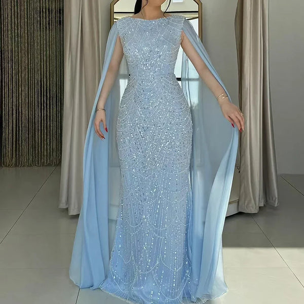 Luxury Dubai  Saudi Arabia Blue Mermaid Cape Sleeve Luxury Beaded Evening Gown for Formal Occasion LA72160A