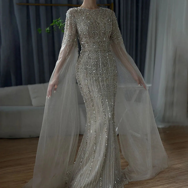 Luxury Dubai  Saudi Arabia Caramel Mermaid Elegant Cape Sleeve Luxury Beaded Evening Gown for Formal Occasion LA72775