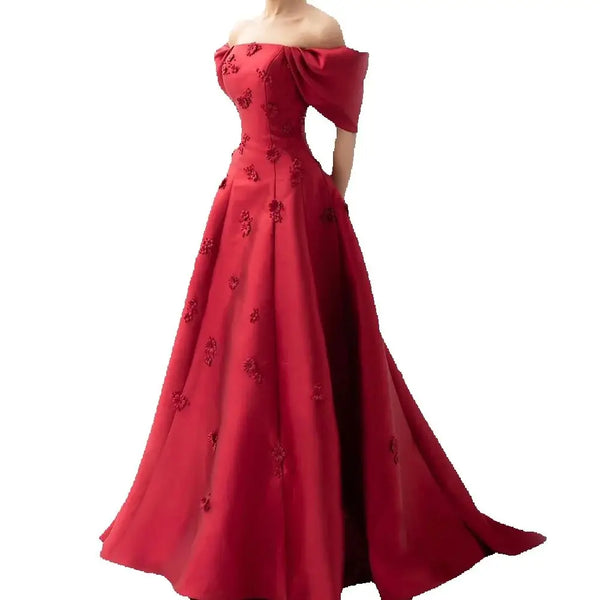 Luxury Dubai  Saudi Arabia Elegant Off-Shoulder Wine Red A Line Evening Dress with Appliques Gown for Formal Occasion LA72778