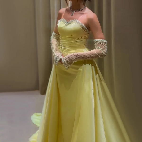 Elegant Yellow Mermaid Beaded Evening Gown with Detachable Sleeves LA72777