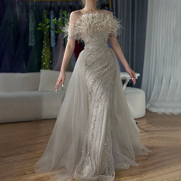 Luxury Dubai  Saudi Arabic Beaded Caramel Mermaid Elegant Evening Dresses Gowns with Overskirt for Formal Occasion LA71634A