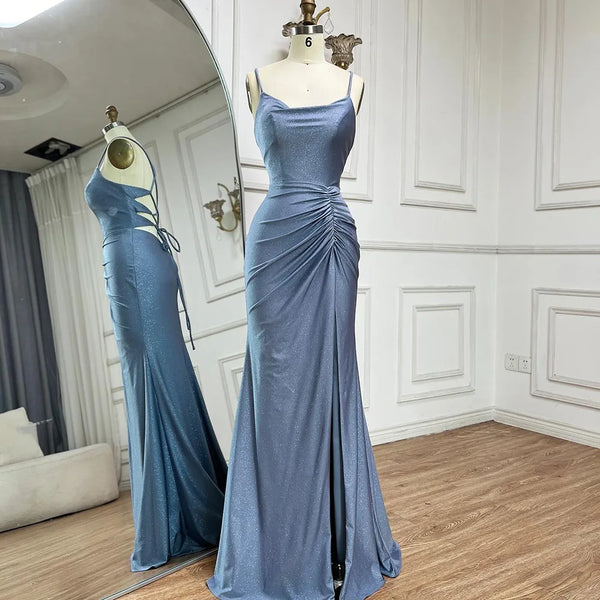 Luxury Dubai  Saudi Arabic Blue Elegant Spaghetti Strap Mermaid Long Evening Gown with Split for Formal Occasion LA72720