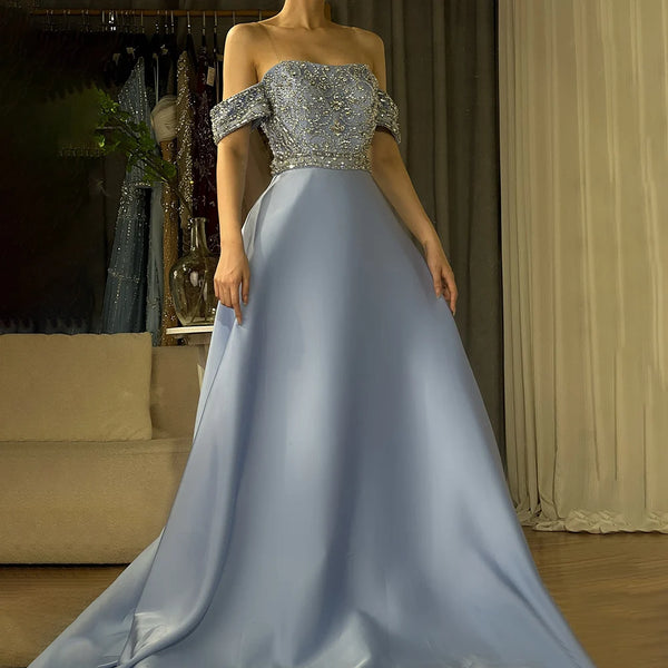 Luxury Dubai  Saudi Arabic Elegant Blue Off-the-Shoulder A-Line Beaded Long Evening Gown for Formal Occasion LA72753