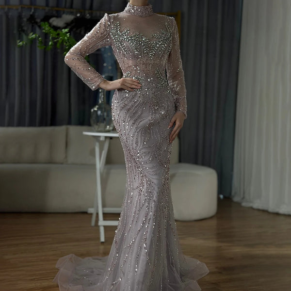 Luxury Dubai  Saudi Arabic Elegant Pink Mermaid Beaded Long Evening Gown for Formal Occasion LA72754