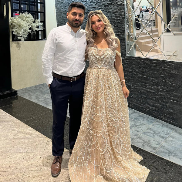 Luxury Beaded Champagne Off-Shoulder Evening Dress LA72738