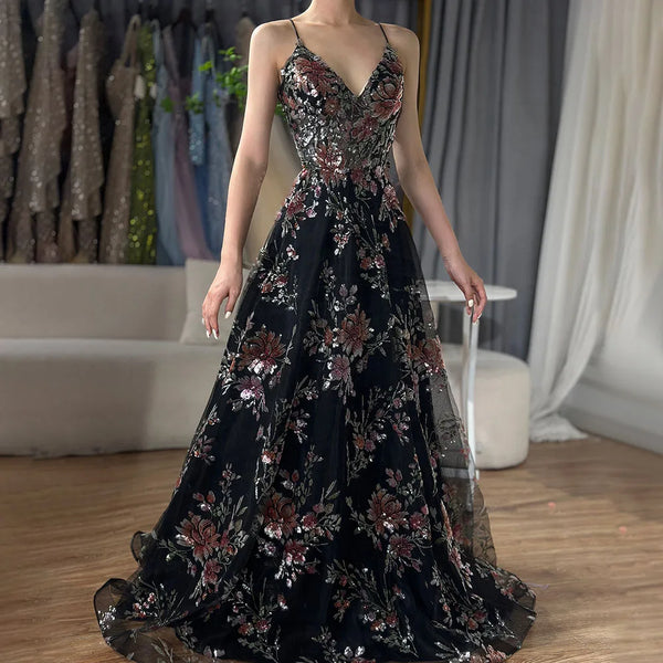 Luxury Dubai  Spaghetti Strap A-Line Black Beaded Luxury Prom Dress for Formal Occasion Saudi Arabic LA72773