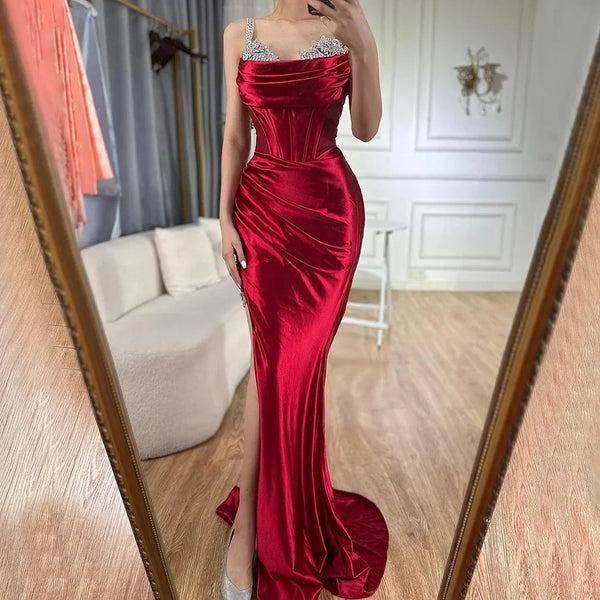 Luxury Dubai  Saudi Arabic Spaghetti Strap Wine Red Satin Evening Dress with High Slit for Formal Occasion LA72776