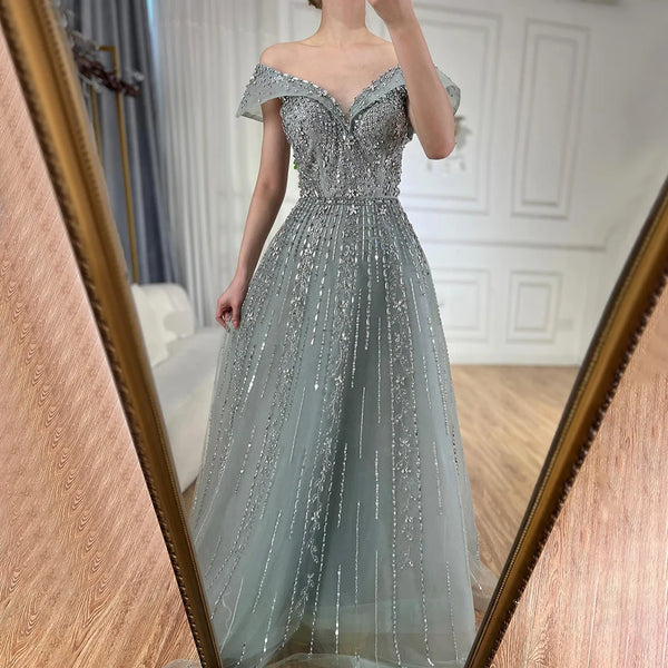 Luxury Dubai  Saudi Arabic Gray Beaded Design A-Line Evening Dresses Gowns for Formal Occasion LA72731
