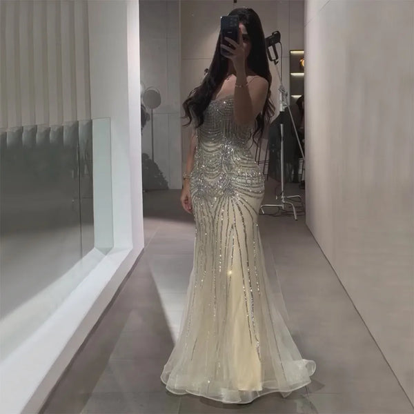 Luxury Dubai  Silver Nude Spaghetti Strap Mermaid Evening Dress Gown with Luxury Beaded Tassels for Formal Occasion LA72772