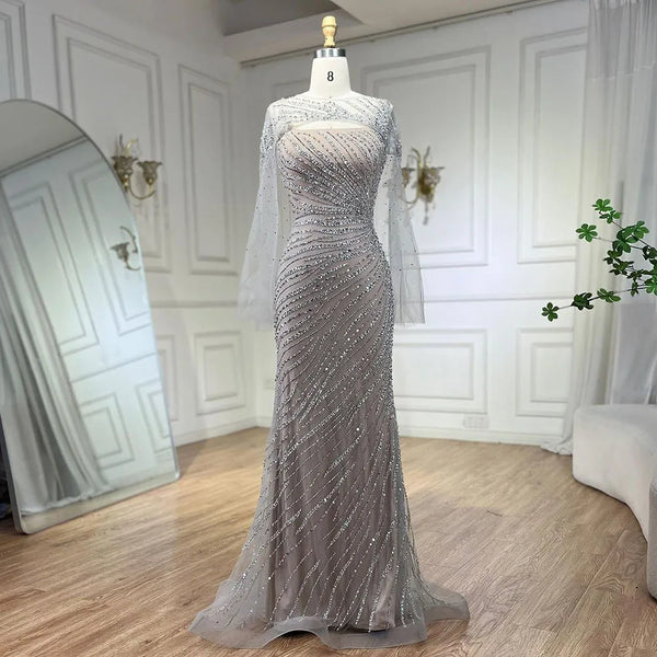 Serene Hill 2025 Sliver Nude Elegant With Cloak Beaded Luxury Evening Dresses Gowns Mermaid for Women Wedding Party LA71380