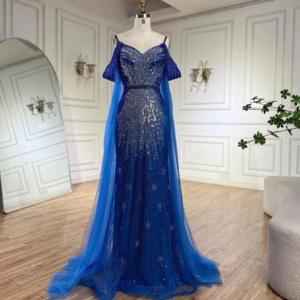Serene Hill  Spaghetti Strap Blue Mermaid Beaded Luxury Evening Dress with Cape Sleeves for Formal Occasion Saudi LA72707