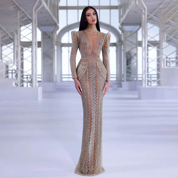 Serene Hill 2025 Women Wedding Party Dubai Gowns Beige Illusion Cut Out Lace Beaded Mermaid Long Evening Dresses LA72343