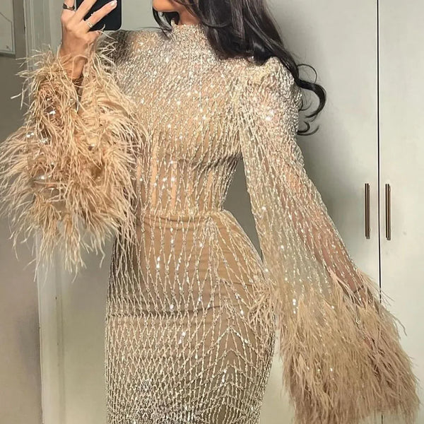 Serene Hill  Women Wedding Party Dubai Gowns Nude Illusion Cut Out Lace Beaded Feathers Mermaid Long Evening Dresses LA72394