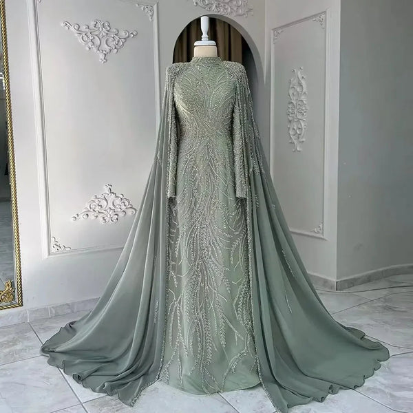 Luxury Dubai  muslim Sage Green Mermaid Cape Sleeves Beaded Satin Luxury Evening Dresses Gowns for Women Party LA72413
