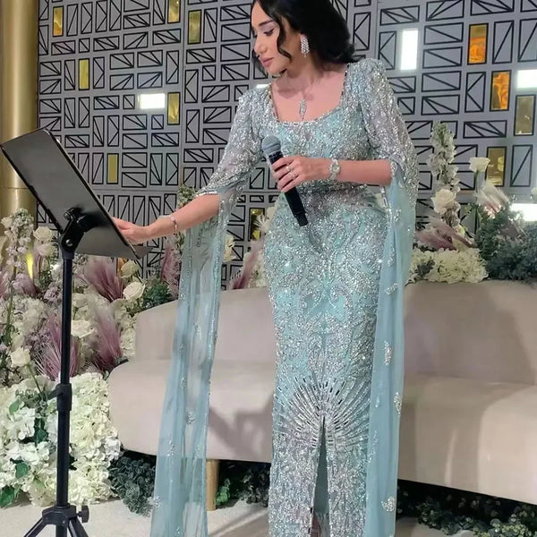 Luxury Arabic Turquoise Evening Dress with Cape Sleeves LA72400