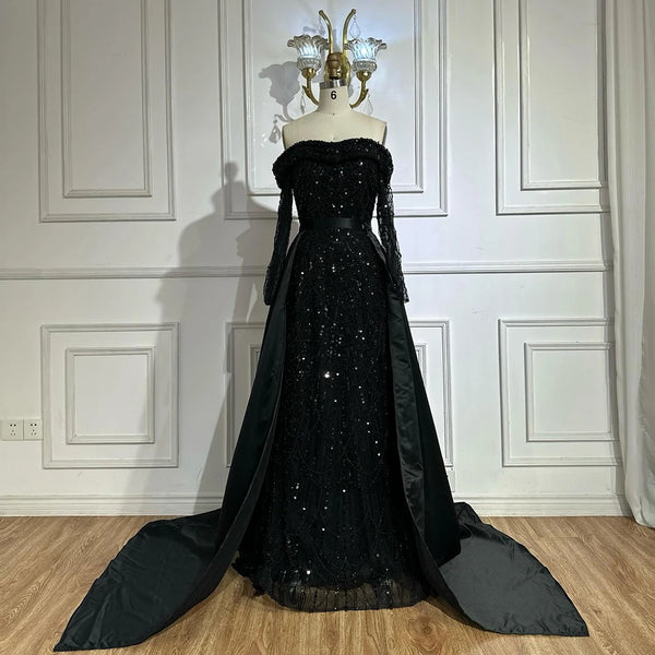 Luxury Dubai   Black Off-Shoulder Beaded Corset Evening Gown with Detachable Satin Overskirt for Formal Occasion LA72254B
