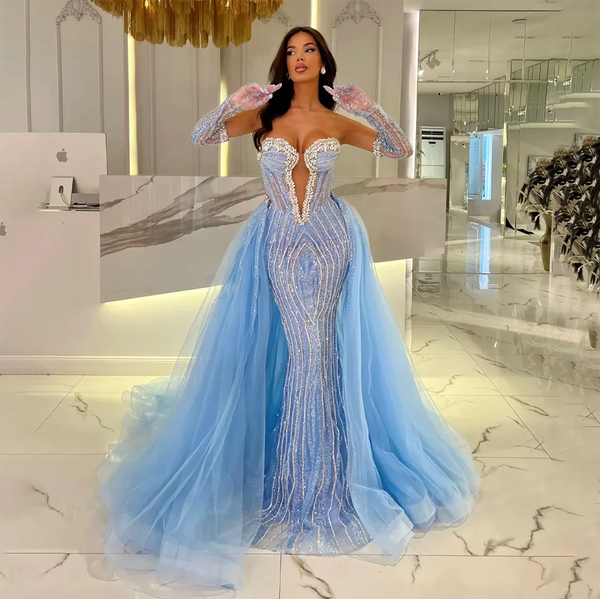 Luxury Dubai   Arabia Blue Mermaid Evening Dresses Gowns with Gloves and Overskirt for Formal Occasion LA72582