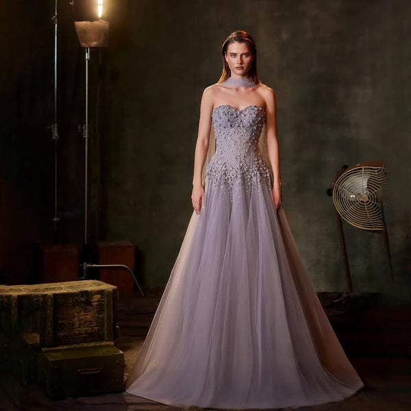 Luxury Dubai   Arabic Lilac A-Line Beaded Evening Dresses Gowns for Formal Occasion LA72832