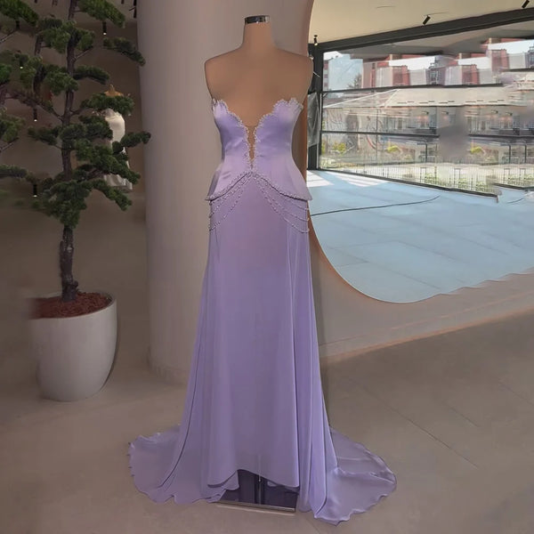 Luxury Dubai   Arabic Lilac Beaded Mermaid Satin Evening Dresses Gowns for Formal Occasion LA72808