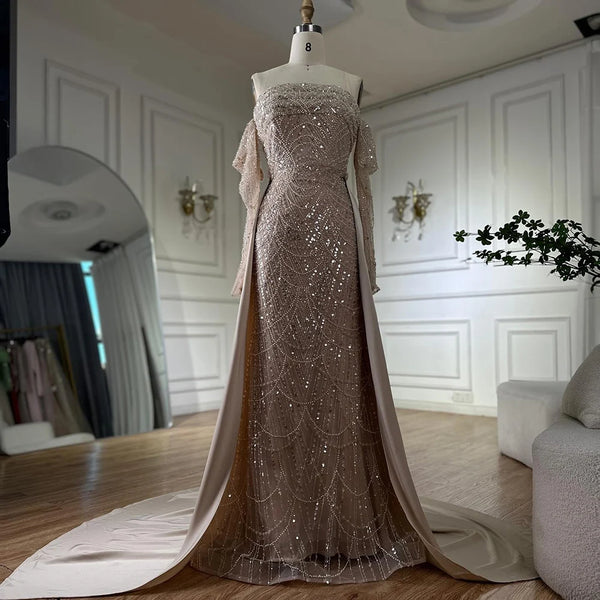 Luxury Dubai   Arabic Nude Luxury Pearls Beaded Mermaid Evening Gown with Overskirt for Formal Occasion LA72160B