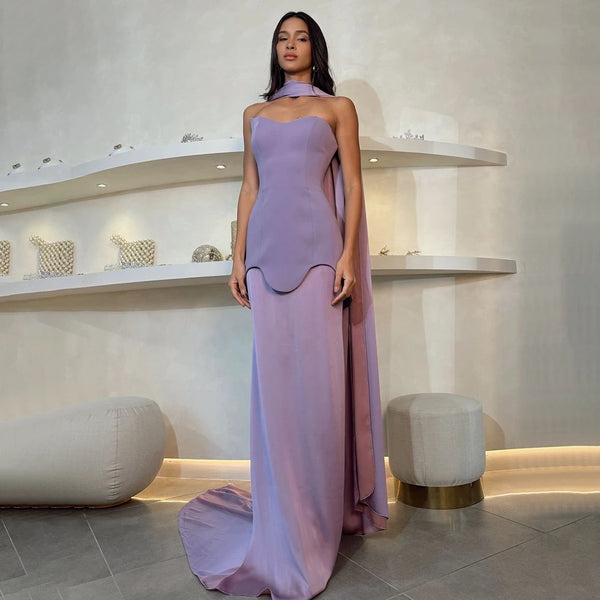 Luxury Dubai   Arabic Purple Mermaid Satin Evening Dresses Gowns with Long Cape for Formal Occasion LA72813