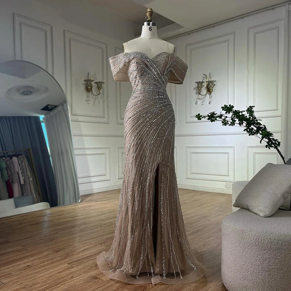 Luxury Dubai   Arabic Silver Nude Mermaid Beaded  Evening Dress with Split for Formal Occasion Saudi LA72481A