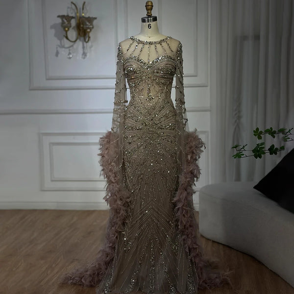 Luxury Feather Nude Long Sleeves Elegant Mermaid Evening Dress LA72708A