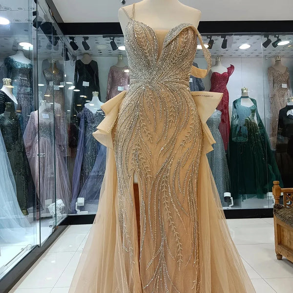 Luxury Dubai   Caramel Beaded Mermaid Evening Gown with Overskirt and Elegant Split for Formal Occasion LA72890