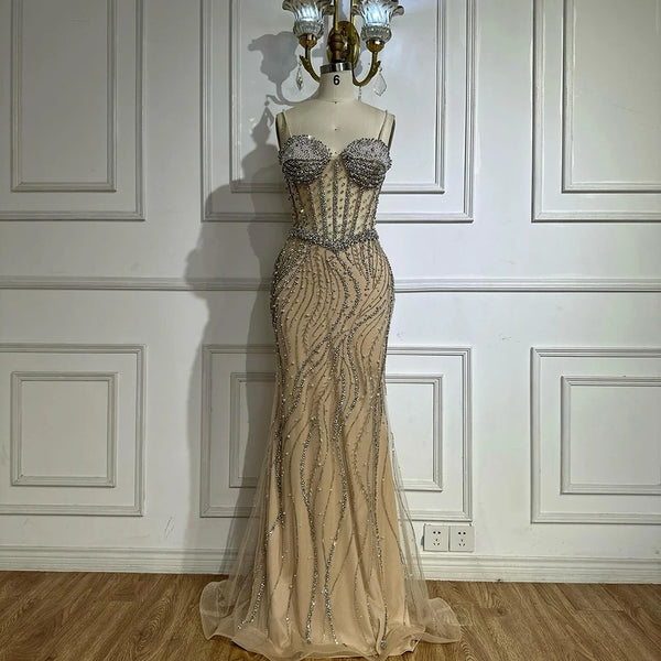 Luxury Dubai   Elegant Spaghetti Strap Pearl Beaded Mermaid Evening Gown for Formal Occasion LA72865