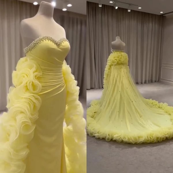 Luxury Dubai   Evening Gown for Formal Occasion Elegant Yellow Dress with Ruffles and Beaded Details LA72889