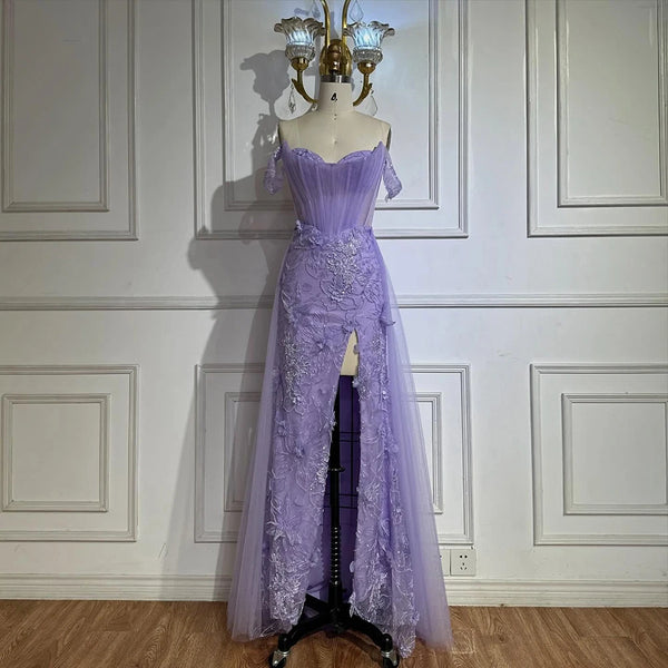 Luxury Dubai   Lilac Off Shoulder Corset Beaded High Slit Tulle Saudi Evening Gown for Formal Occasion LA72874