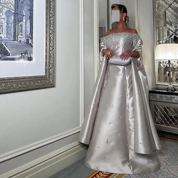 Luxury Dubai   Luxury Off Shoulder A Line Gray Satin Evening Gown  Pearl Beaded for Formal Occasion LA72779