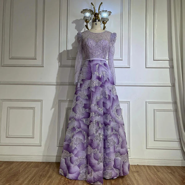 Luxury Dubai   Muslim Elegant Lilac Beaded A Line Evening Gown for Formal Occasion LA72847