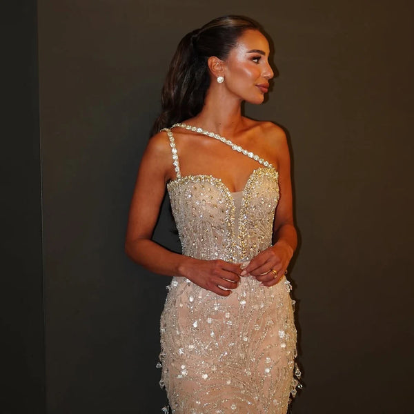 Luxury Dubai   Nude Beaded One-Shoulder Evening Gown with Crystal for Formal Occasion LA72872
