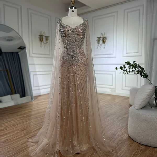 Luxury Dubai   Nude Cape Sleeves Beaded Saudi Arabic Evening Dresses Gowns for Formal Occasion LA72575A