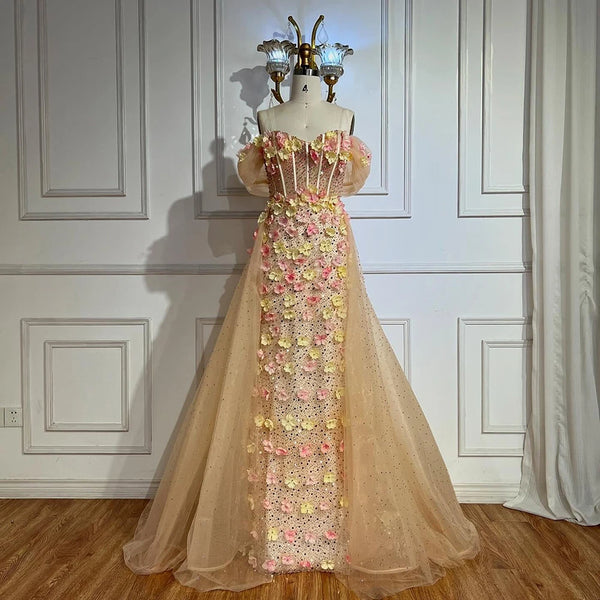 Luxury Dubai   Nude Floral Beaded Off Shoulder Corset Evening Gown With Overskirt for Formal Occasion LA72861