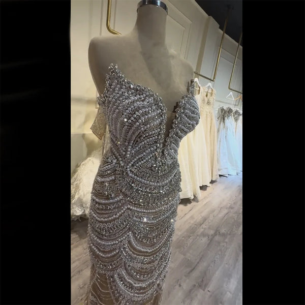 Luxury Dubai   Nude Silver Beaded Evening Gown with Sparkling Crystal Embellishments for Formal Occasion LA72900