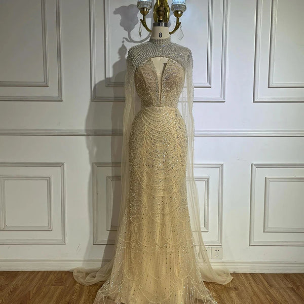 Luxury Nude Pearls Beaded Evening Gown with Long Sheer Cape LA72189A