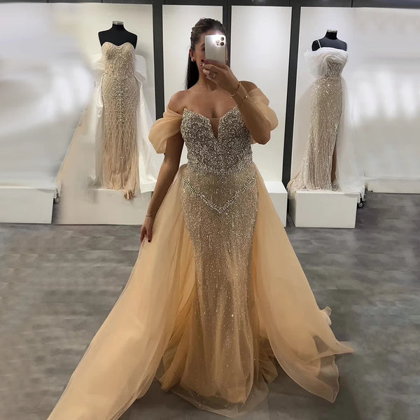 Luxury Dubai   Off Shoulder Nude Beaded Mermaid Saudi Evening Dress Gown With Overskirt for Formal Occasion LA72879