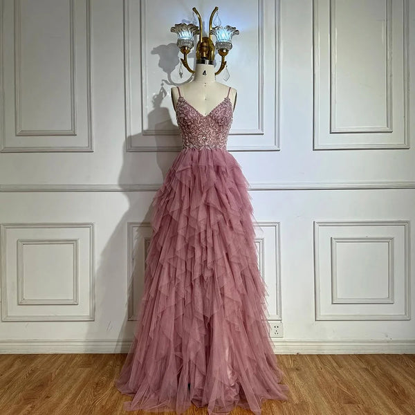 Luxury Dubai   Pink Spaghetti Strap Evening Gown Beaded Bodice and Layered Tulle Skirt for Formal Occasion LA72893