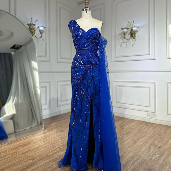Luxury Dubai   Royal Blue One Shoulder Beaded Mermaid Evening Dress with Split for Formal Occasion LA72869