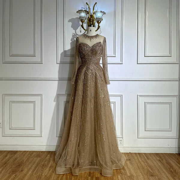 Luxury Dubai   Saudi Arabic Caramel Beaded A Line Evening Gown with Sheer Top for Formal Occasion LA72563A