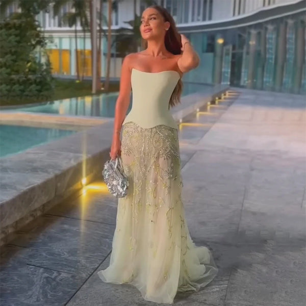 Saudi Arabic Sage Green Elegant A-Line Beaded Evening Dress Gown LA72809
