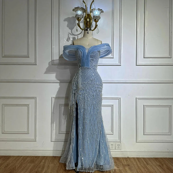 Luxury Dubai   Saudi Blue Beaded Off-Shoulder Mermaid Evening Gown with Side Split for Formal Occasion LA72867