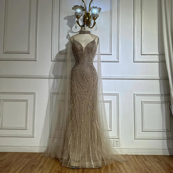 Luxury Dubai   Saudi Caramel Mermaid Arabic Evening Dresses with Beaded Cape Sleeves for Formal Occasion LA72852