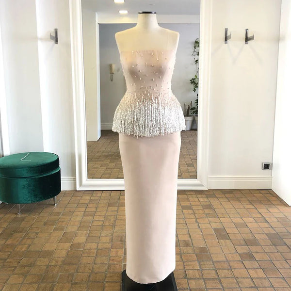 Luxury Dubai   Saudi Nude Pink Arabic Mermaid Evening Dresses Gowns Beaded Tassel for Occasion LA72804