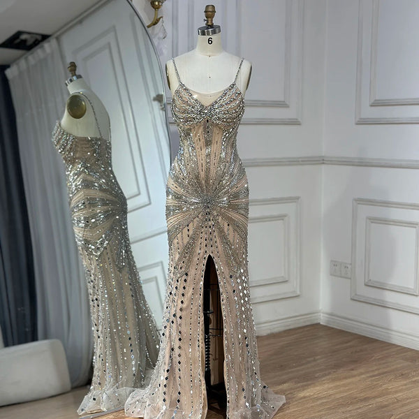 Luxury Dubai   Silver Nude Beaded Spaghetti Strap Mermaid Evening Dresses Gowns for Formal Occasion LA72803