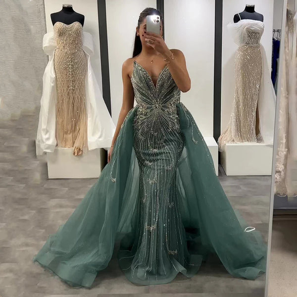 Luxury Dubai   Turquoise Mermaid Saudi Evening Dress Gown With Overskirt for Formal Occasion LA72880