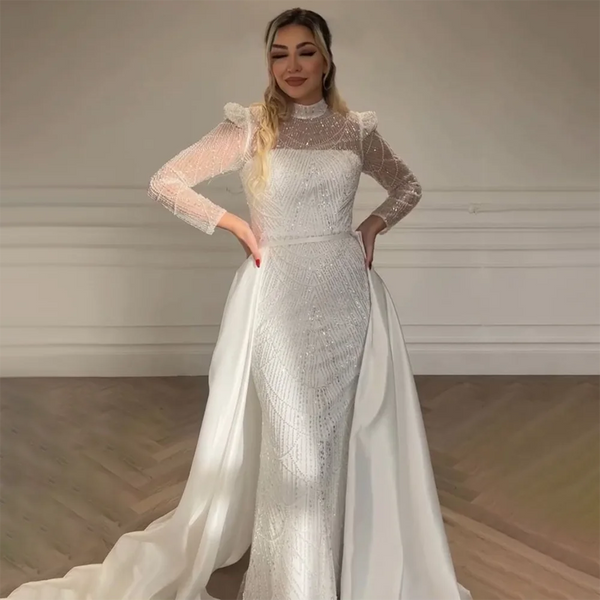 Luxury Dubai   White Muslim Mermaid Evening Dress Gown with Detachable Overskirt for Formal Occasion LA72032L